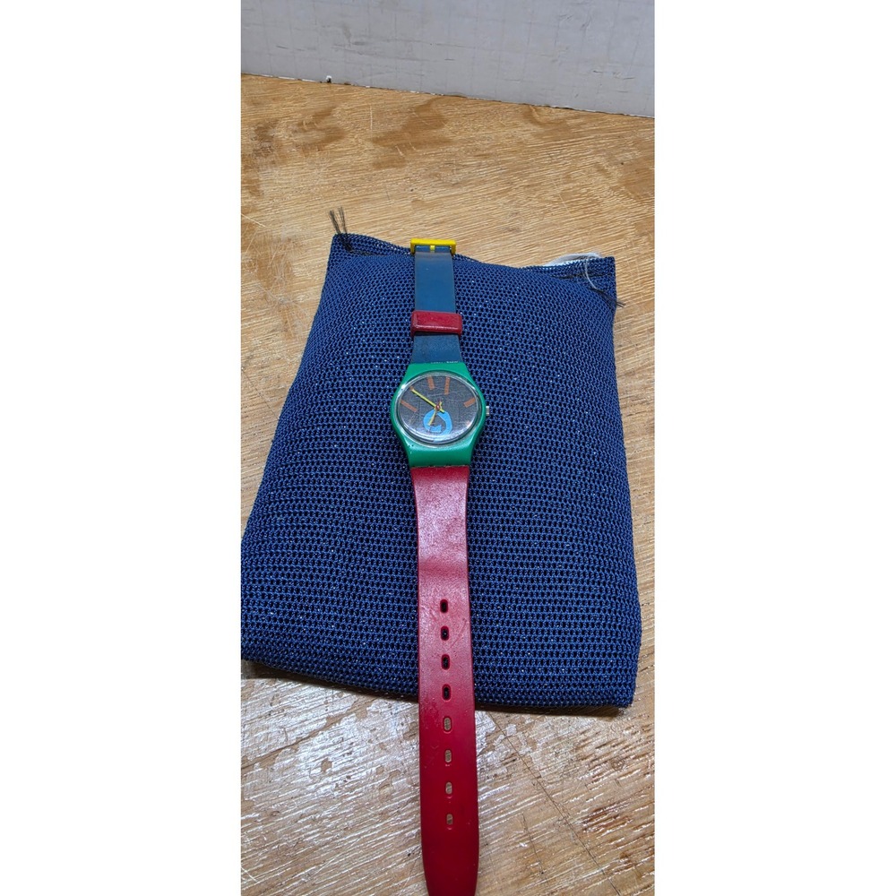 Vintage 1986 Swatch Watch "LADY GAMBELLA" Green Red Blue Swiss Quartz WORKS!
